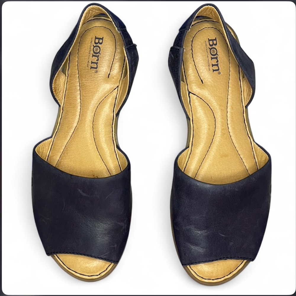 Born Trang Sandals Women's 9 M Navy Blue Leather Slingback Peep Toe Comfort Flat